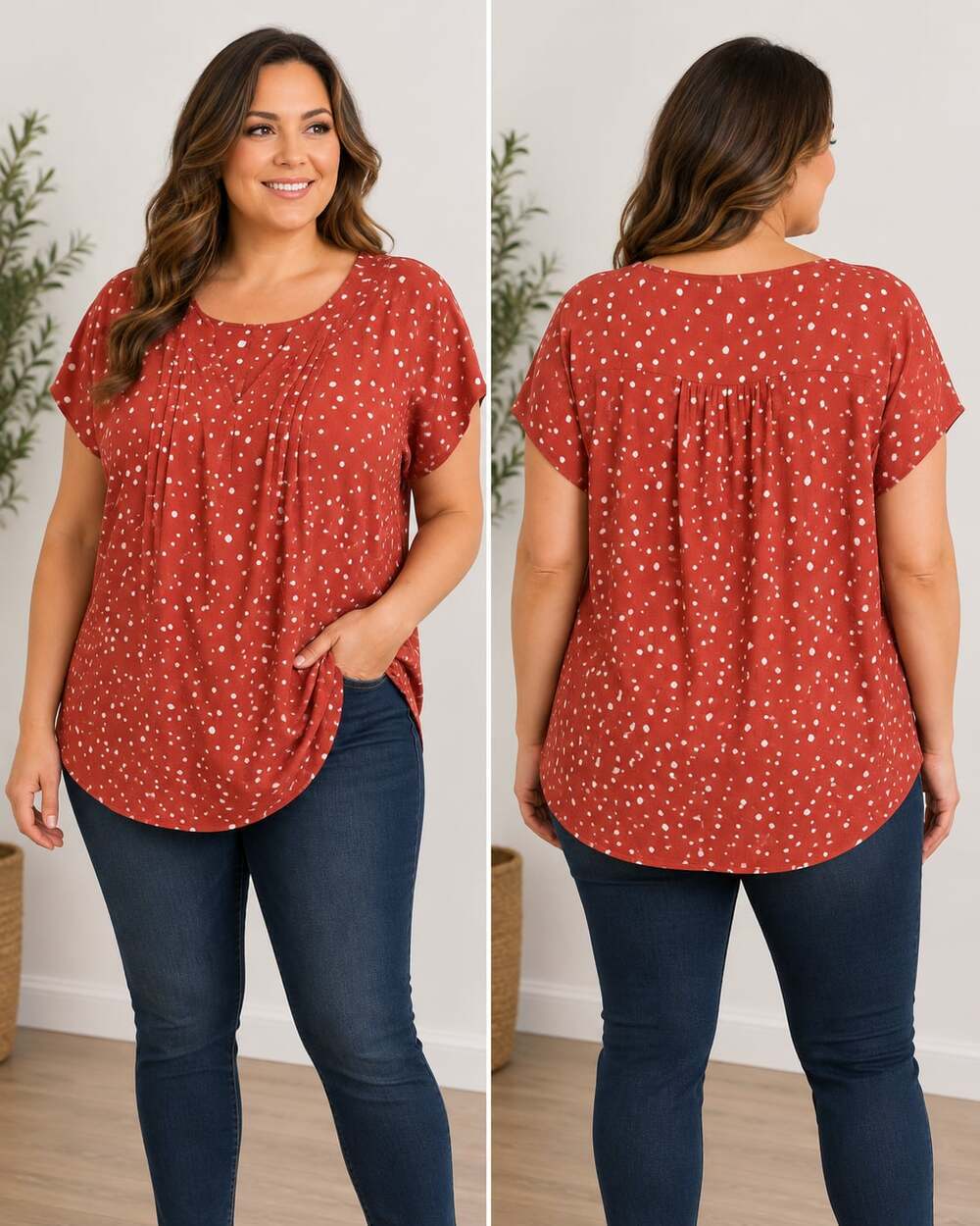 fun2fun Women's XXL Red Polka Dot Pleated V-Neck Blouse